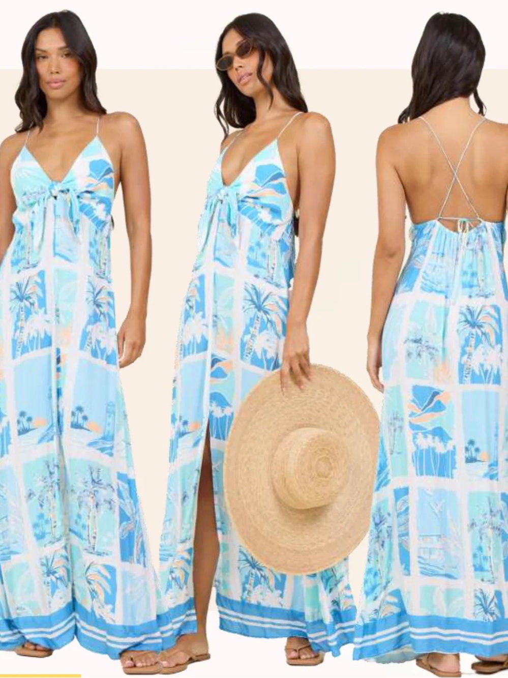 Surf Gypsy Tropical Blue Tie-Front Spaghetti Strap Maxi Dress Large